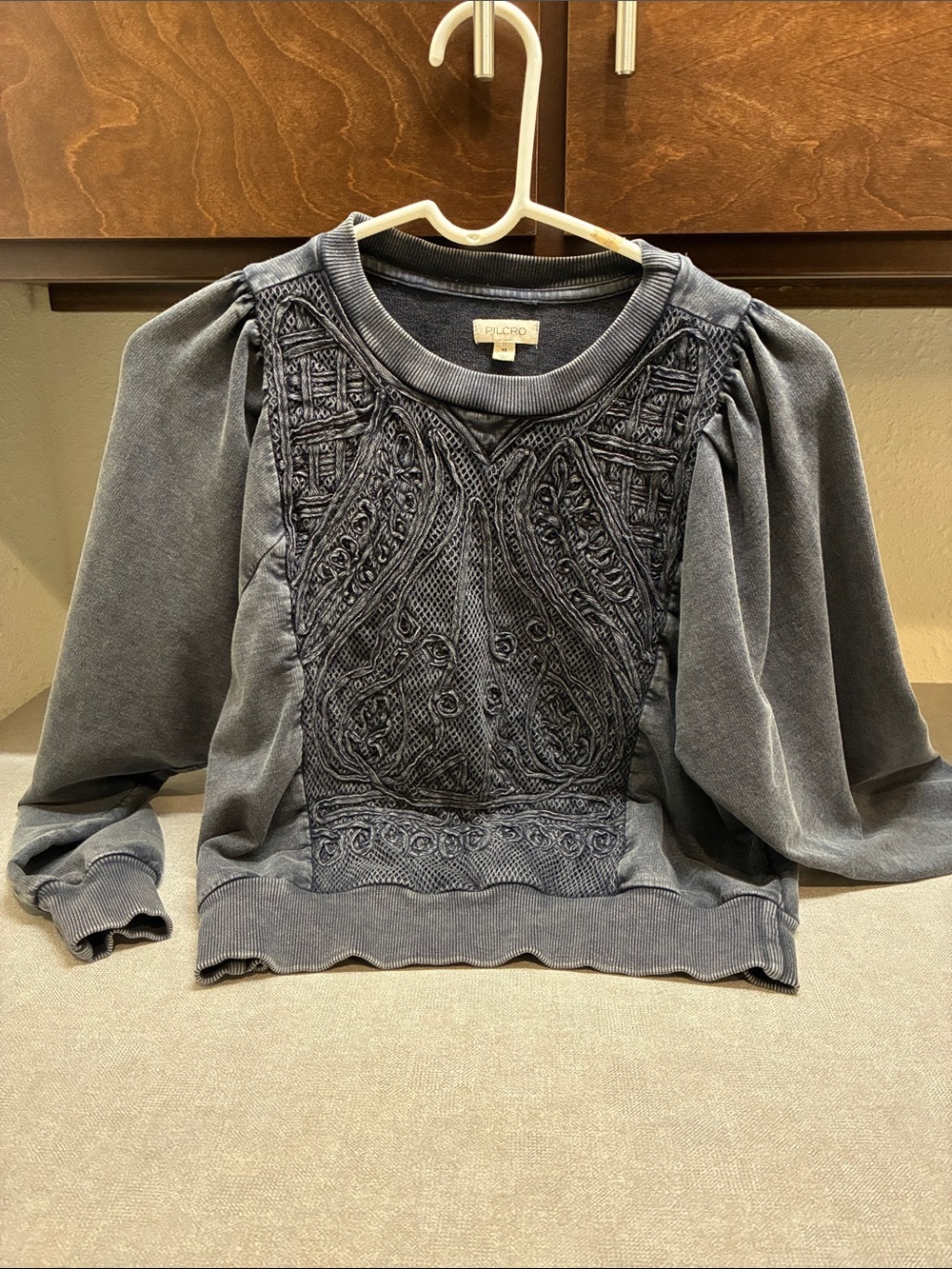 Pilcro charcoal embroidered puff-sleeve sweatshirt
